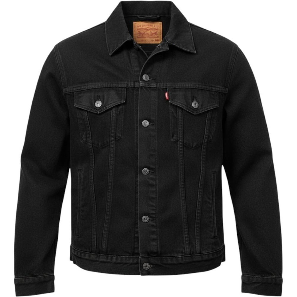 Levis Mens Standard Trucker Jacket Black Denim Stretch Coat 2XL Last Nite Wash